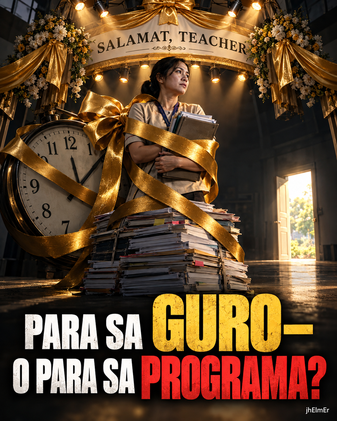 Teacher na nasa gitna ng Teacher's Day celebration habang napapalibutan ng dekorasyon, malaking orasan, at tambak na papeles—sumasagisag sa tanong kung ang pagdiriwang ba ay tunay na para sa guro o para sa mismong programa.