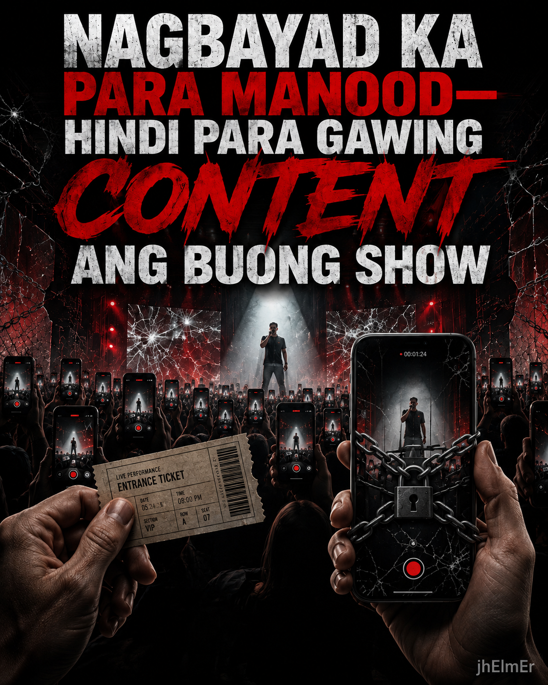 Simbolikong paglalarawan ng concert ticket, smartphone recording, at hangganan ng copyright, performers' rights, at responsableng content creation.