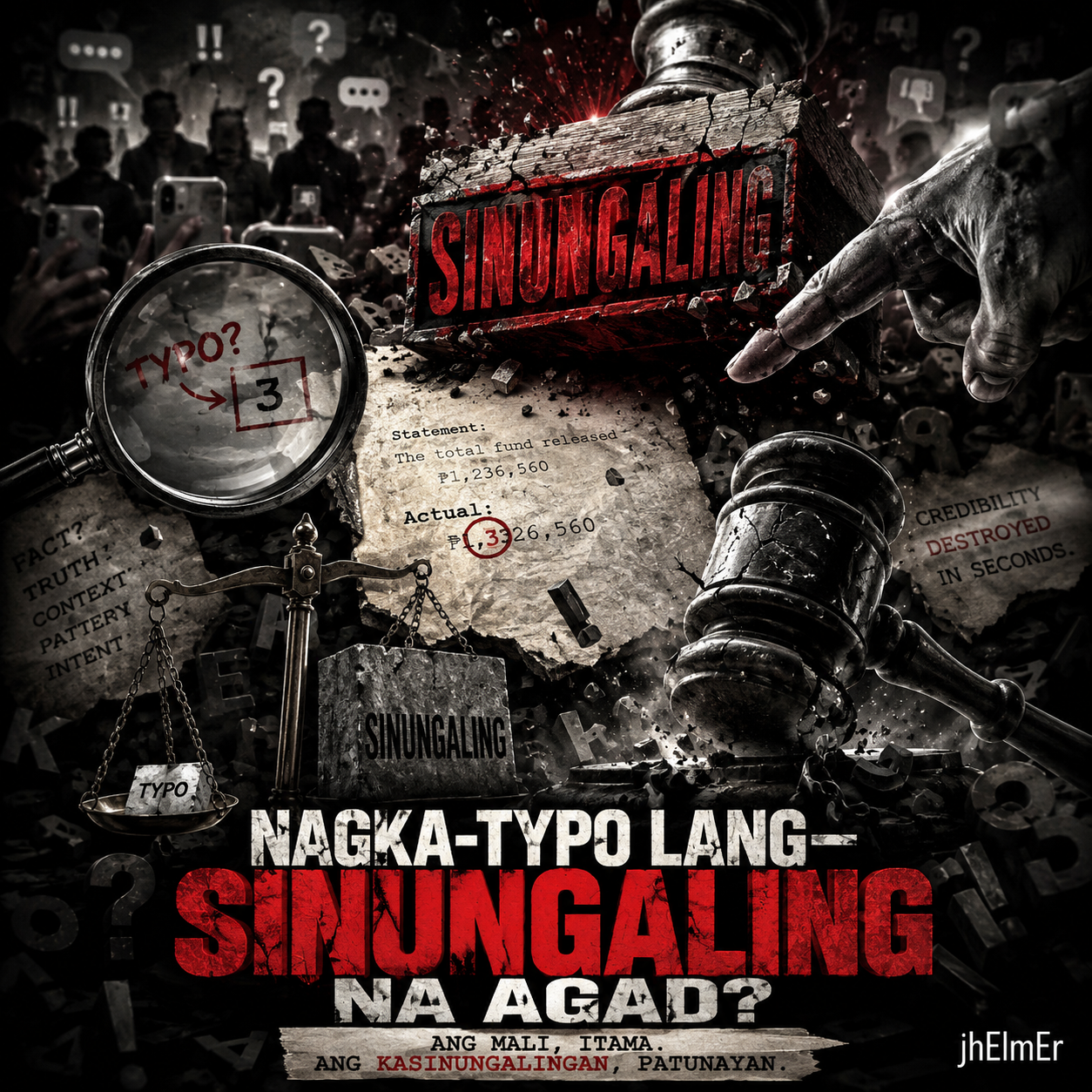 Simbolikong paglalarawan ng paghusga sa kredibilidad batay sa isang typo o simpleng pagkakamali, na inihahambing sa mas mabigat na usapin ng sinadyang kasinungalingan.