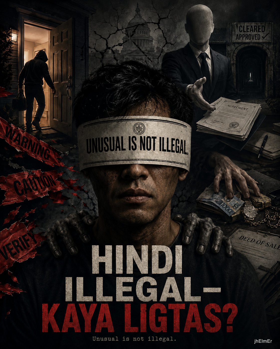 Isang taong nakatayo sa pagitan ng maliwanag na dokumento at madilim na anino, na sumisimbolo sa panganib ng pag-aakalang ligtas na ang isang sitwasyon dahil lamang wala pang malinaw na paglabag sa batas.