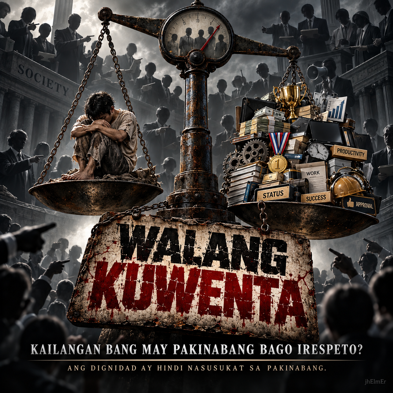 Simbolikong visual ng isang taong hinuhusgahan sa timbangan laban sa mga simbolo ng productivity, success, status at approval bilang representasyon ng ableism, dignidad, kapansanan, pakinabang, at karapatang igalang.