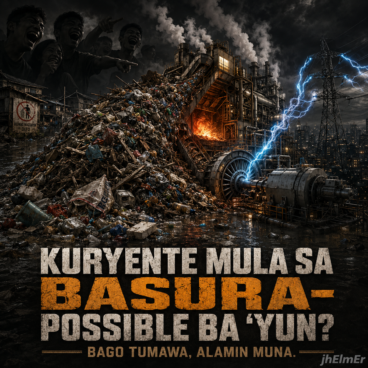 Simbolikong paglalarawan ng waste-to-energy technology kung saan ang angkop na basura ay ginagamit para sa energy recovery at electricity generation.