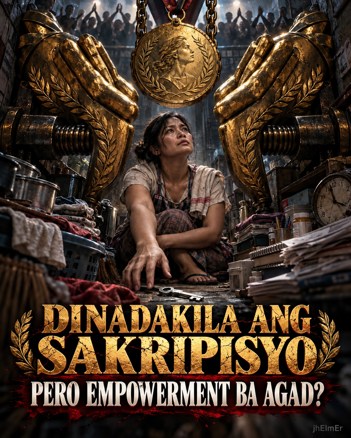 Simbolikong visual ng isang babaeng napapalibutan ng mga gawaing bahay, malalaking gintong kamay, at medalya bilang representasyon ng pagsasakripisyo, unpaid care work, pagkilala, women’s empowerment, at tunay na pagpipilian.