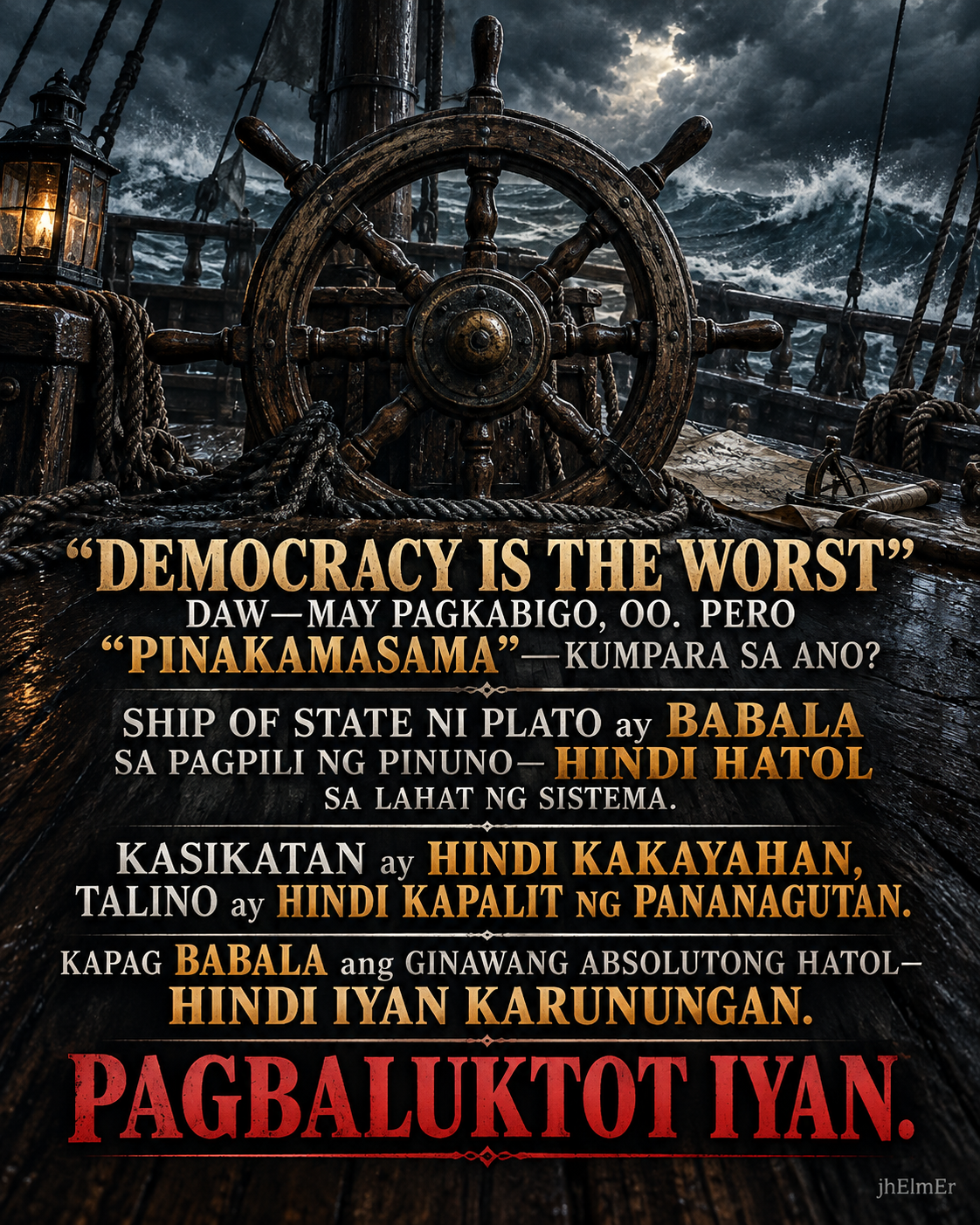 BALUKTOT—Text Slogan tungkol sa maling paggamit sa Ship of State ni Plato bilang patunay na demokrasya ang pinakamasama sa lahat ng sistema.