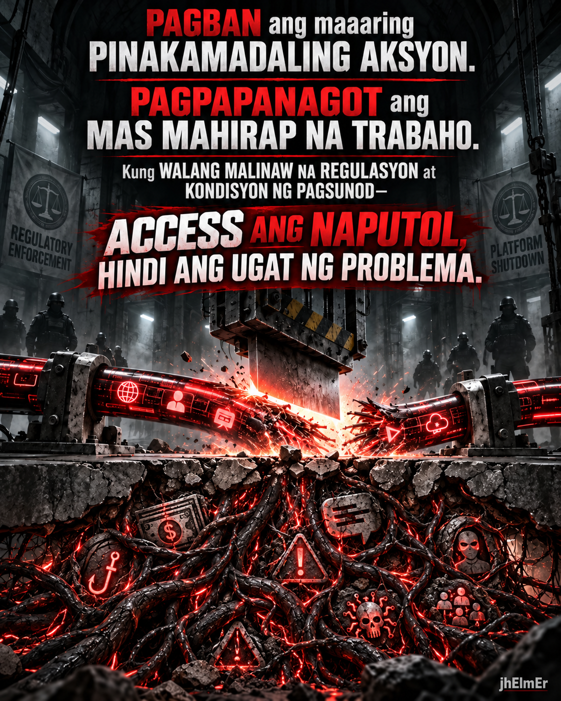 BANNED—Text Slogan tungkol sa pagkakaiba ng pagban sa isang platform at tunay na pananagutan sa ugat ng problema.