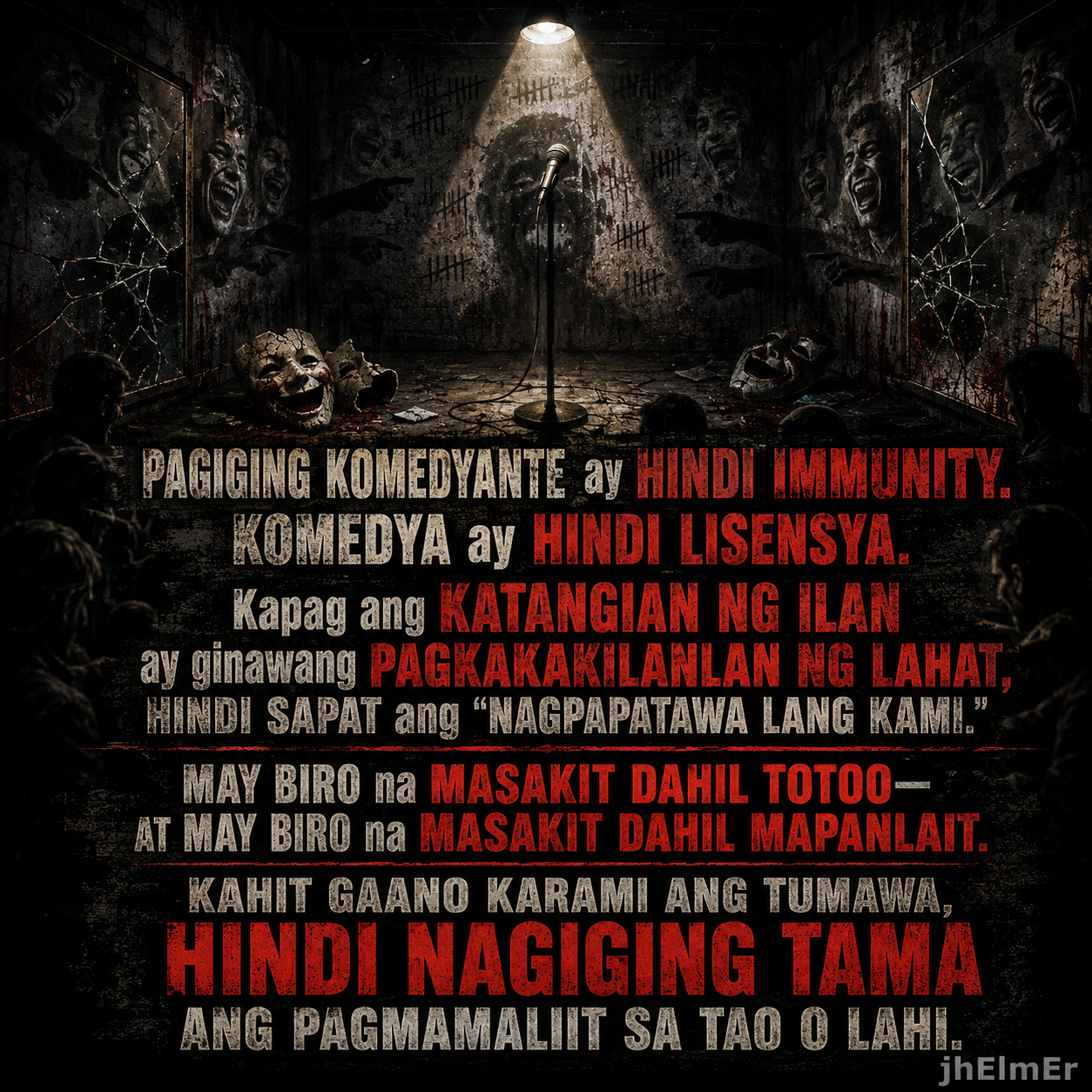 TAWALIBI—Text Slogan tungkol sa komedya, pananagutan, pangmamaliit, at hangganan ng biro.