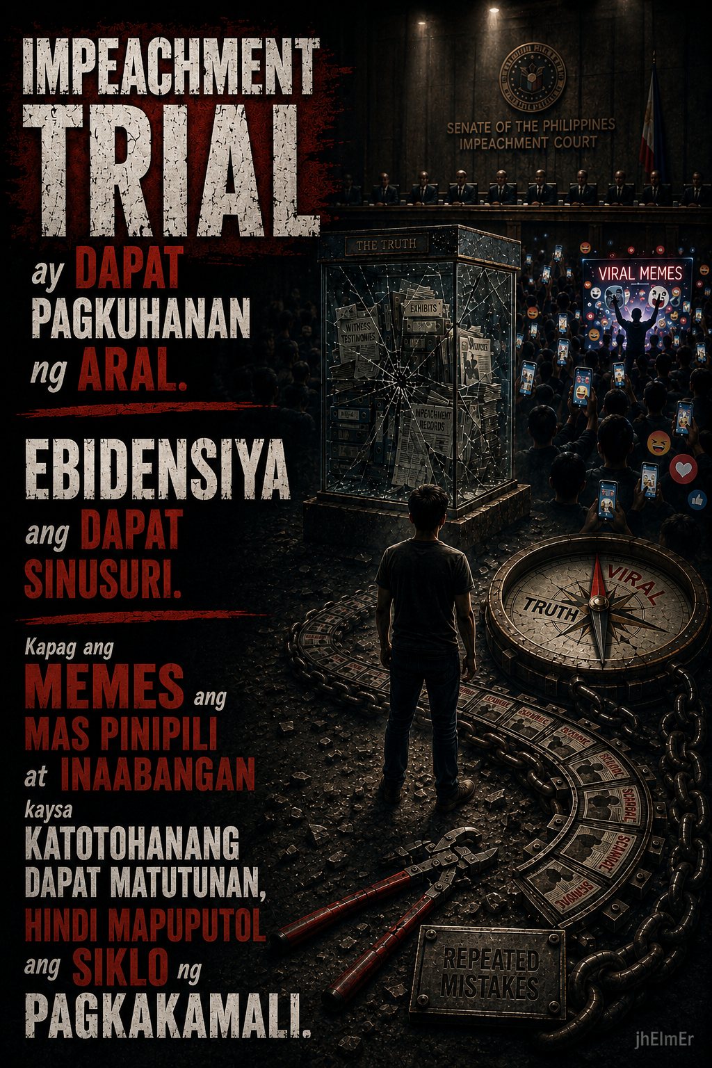 Text Slogan tungkol sa impeachment trial, pagsusuri sa ebidensiya, at pagpili ng katotohanan kaysa memes.