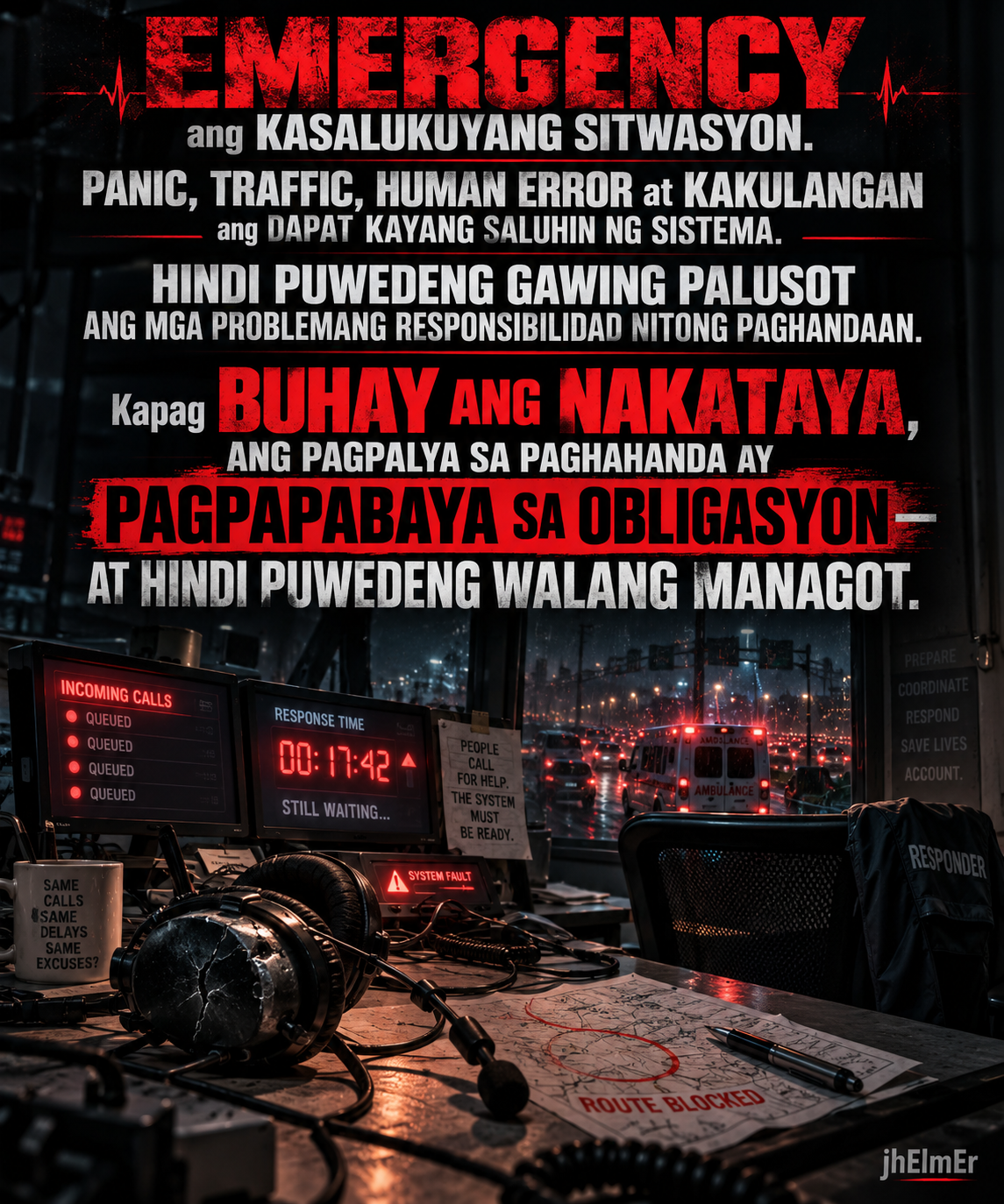 EMERGENCY—Text Slogan tungkol sa kahandaan ng sistema, pananagutan, at emergency response kapag buhay ang nakataya.