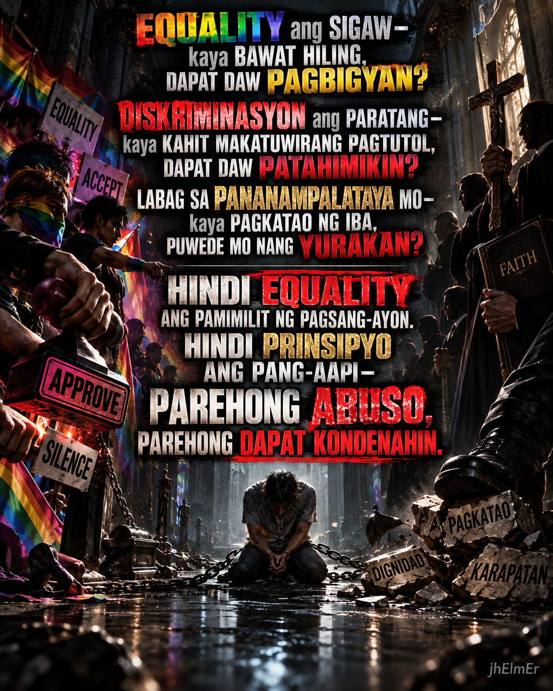 EQUALITY—Text Slogan tungkol sa pantay na karapatan, makatuwirang pagtutol, kalayaan sa pananampalataya, dignidad ng tao, at pagkondena sa pamimilit ng pagsang-ayon at pang-aapi.