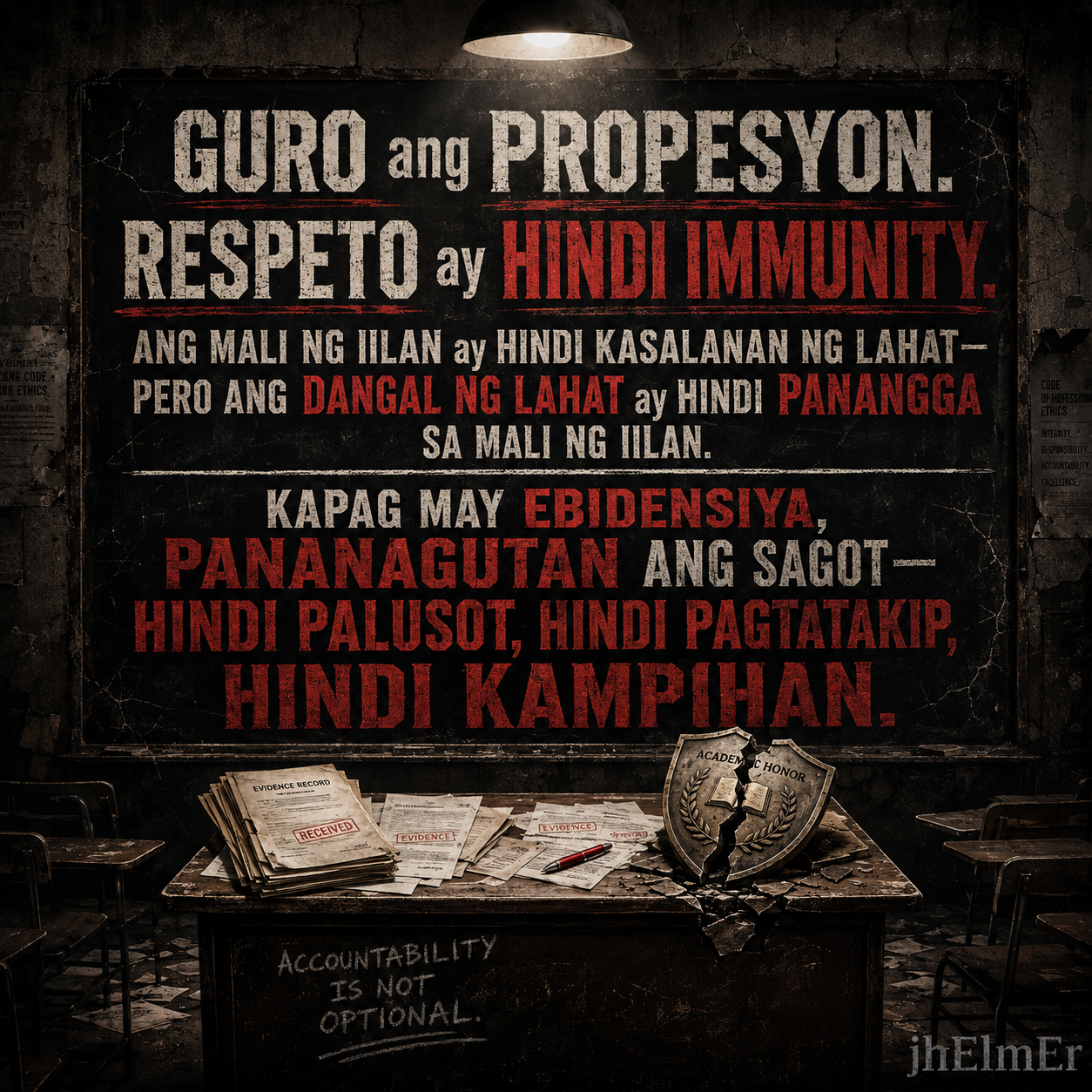 PANANGGA — Text Slogan tungkol sa pananagutan ng indibidwal, paggalang sa propesyon ng guro, at accountability na nakabatay sa ebidensiya.