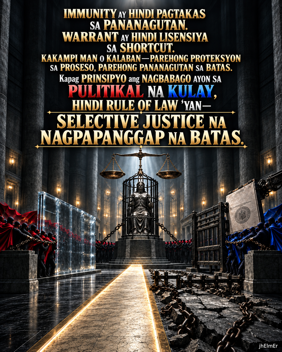 Poster tungkol sa immunity, warrant, rule of law, at pantay na proteksyon sa proseso at pananagutan sa batas.
