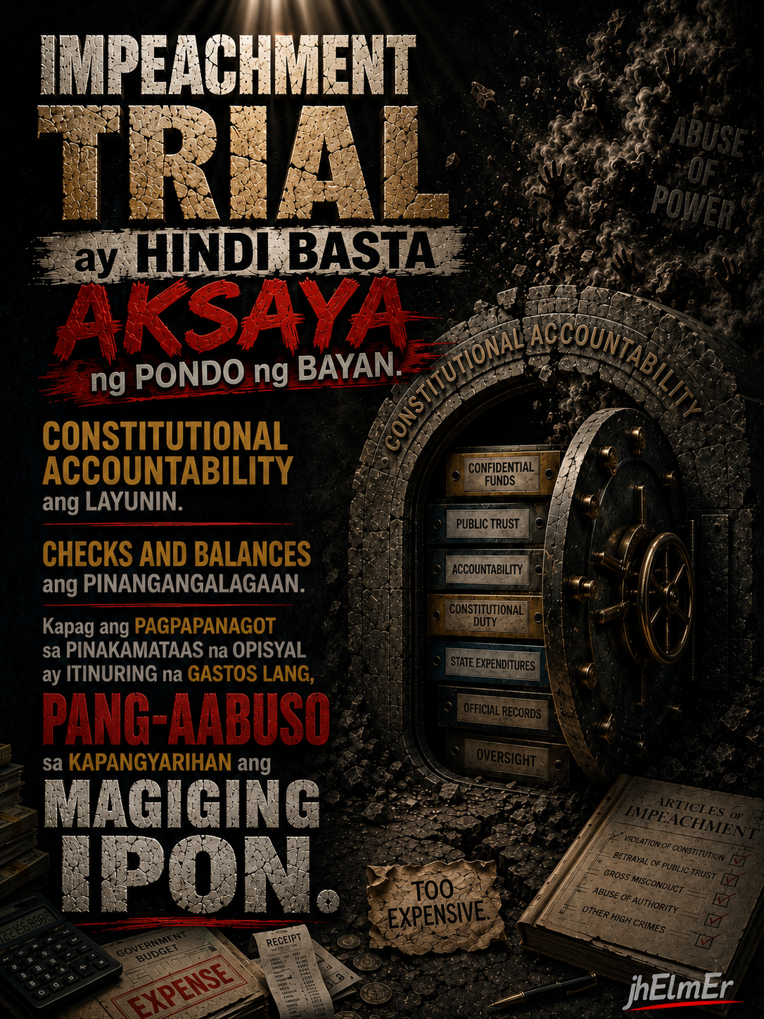 Poster ng Text Slogan tungkol sa kahalagahan ng impeachment trial bilang mekanismo ng constitutional accountability at checks and balances.