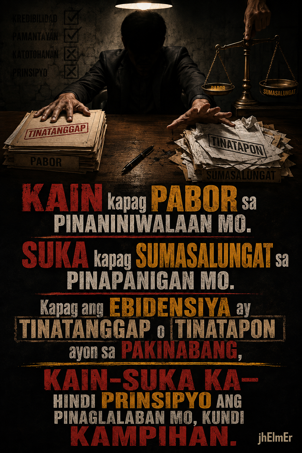 KAIN-SUKA—Text Slogan tungkol sa pagtanggap o pagtapon ng ebidensiya batay sa pakinabang, kampihan, at pare-parehong pamantayan sa pagsusuri.