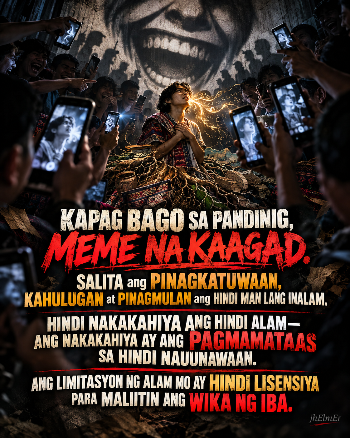 MEMEMUNA—Text Slogan tungkol sa paggawa ng meme mula sa hindi pamilyar na lokal na salita, pag-unawa sa kahulugan at pinagmulan nito, at paggalang sa wika at kultura ng iba.