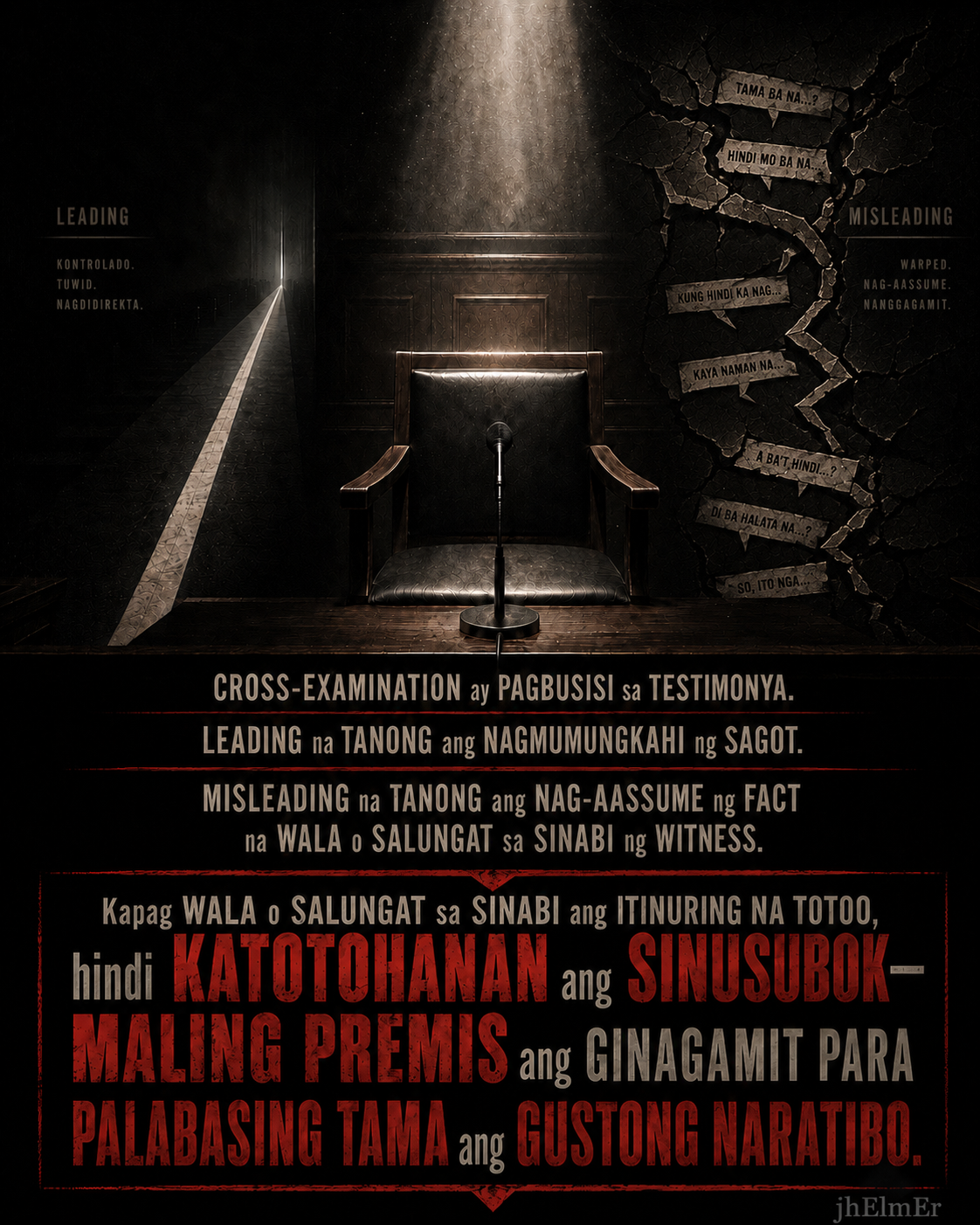 Poster tungkol sa leading at misleading questions sa cross-examination at tamang premise sa pagsusuri ng testimonya.