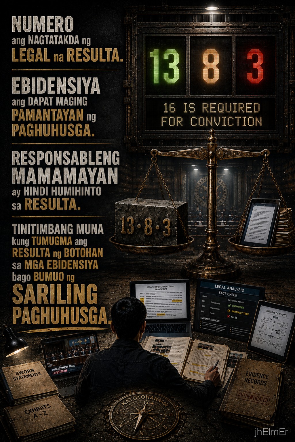 Poster ng Text Slogan na SUKATAN tungkol sa legal na resulta, ebidensiya, at responsableng paghusga ng mamamayan.