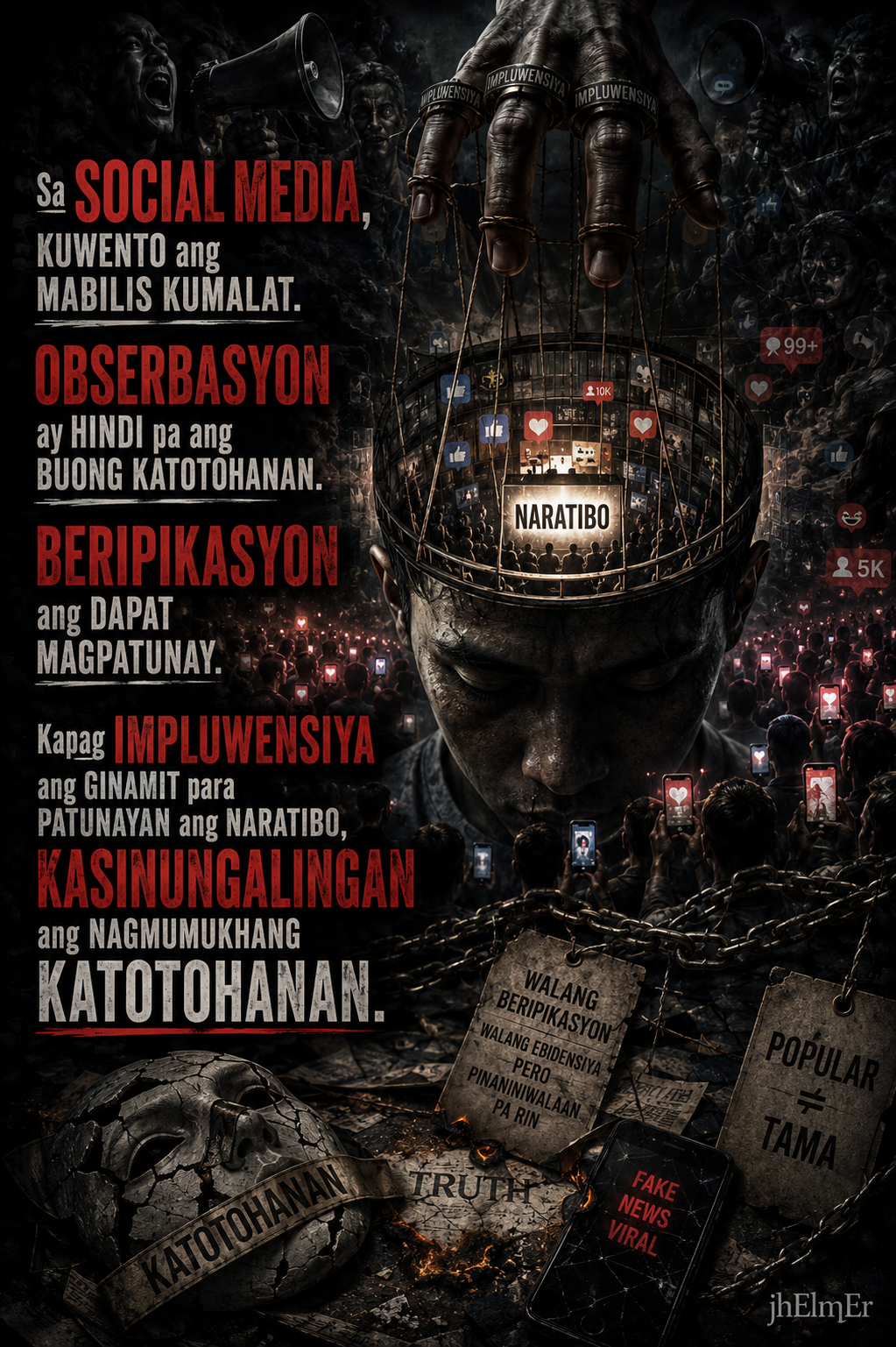 Naratibo—Text Slogan tungkol sa social media, obserbasyon, beripikasyon, impluwensiya, at katotohanan