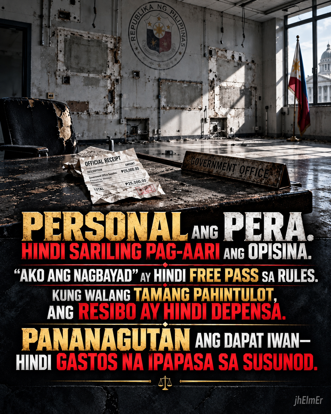 PERAKO—Text Slogan tungkol sa personal na paggastos, pahintulot, pananagutan, at tamang paggamit ng government office.