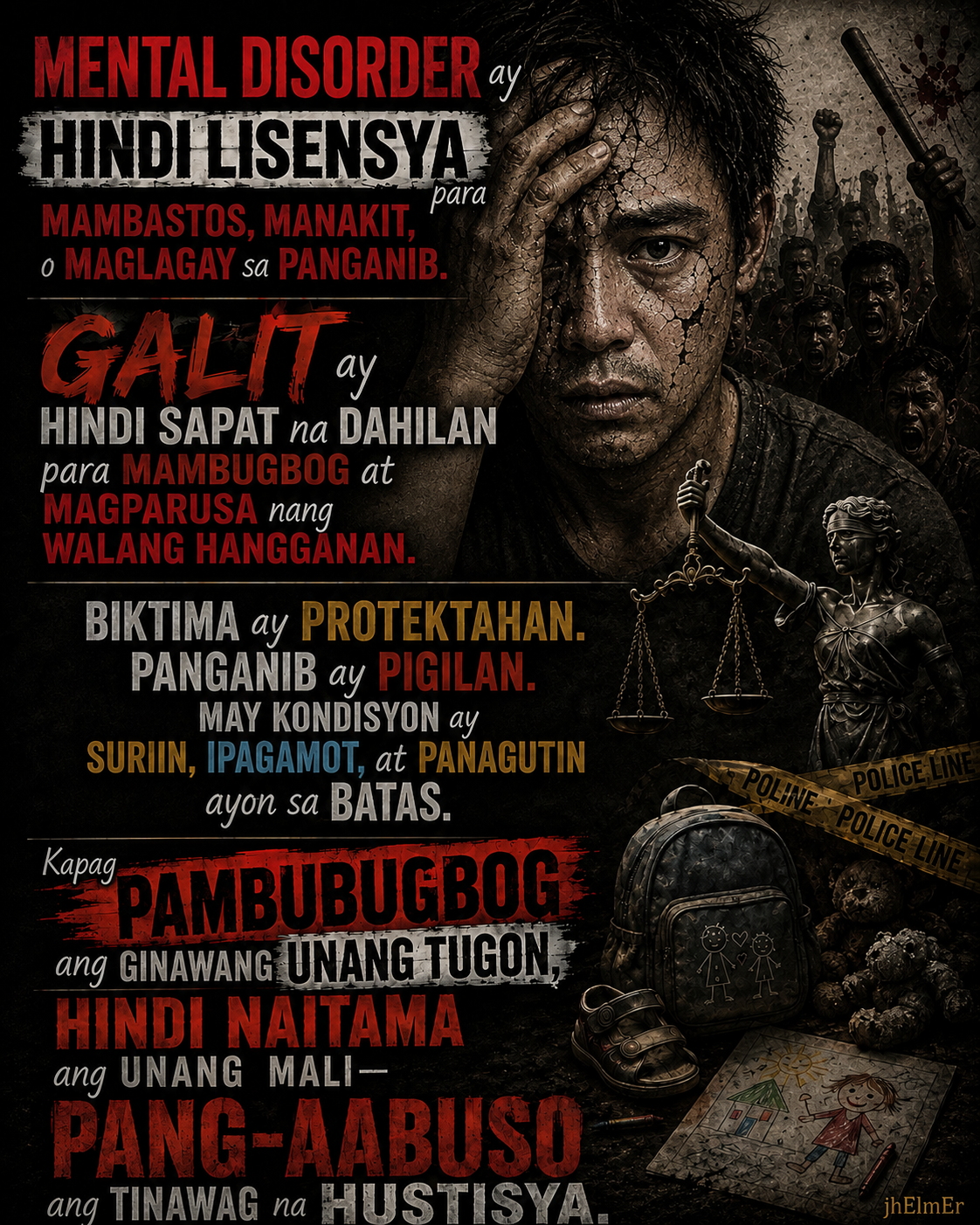 HUSTISYABUSO—Text Slogan tungkol sa mental disorder, pananagutan, due process, at kung bakit hindi nagiging hustisya ang pang-aabuso.