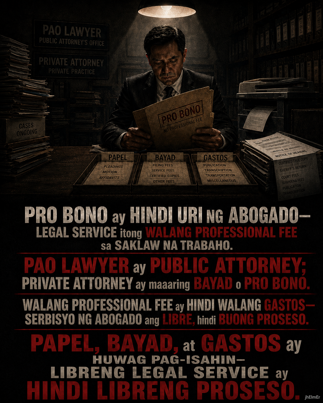 PRO BONO—Text Slogan tungkol sa pagkakaiba ng libreng professional fee, PAO lawyer, private attorney, at buong legal na proseso.