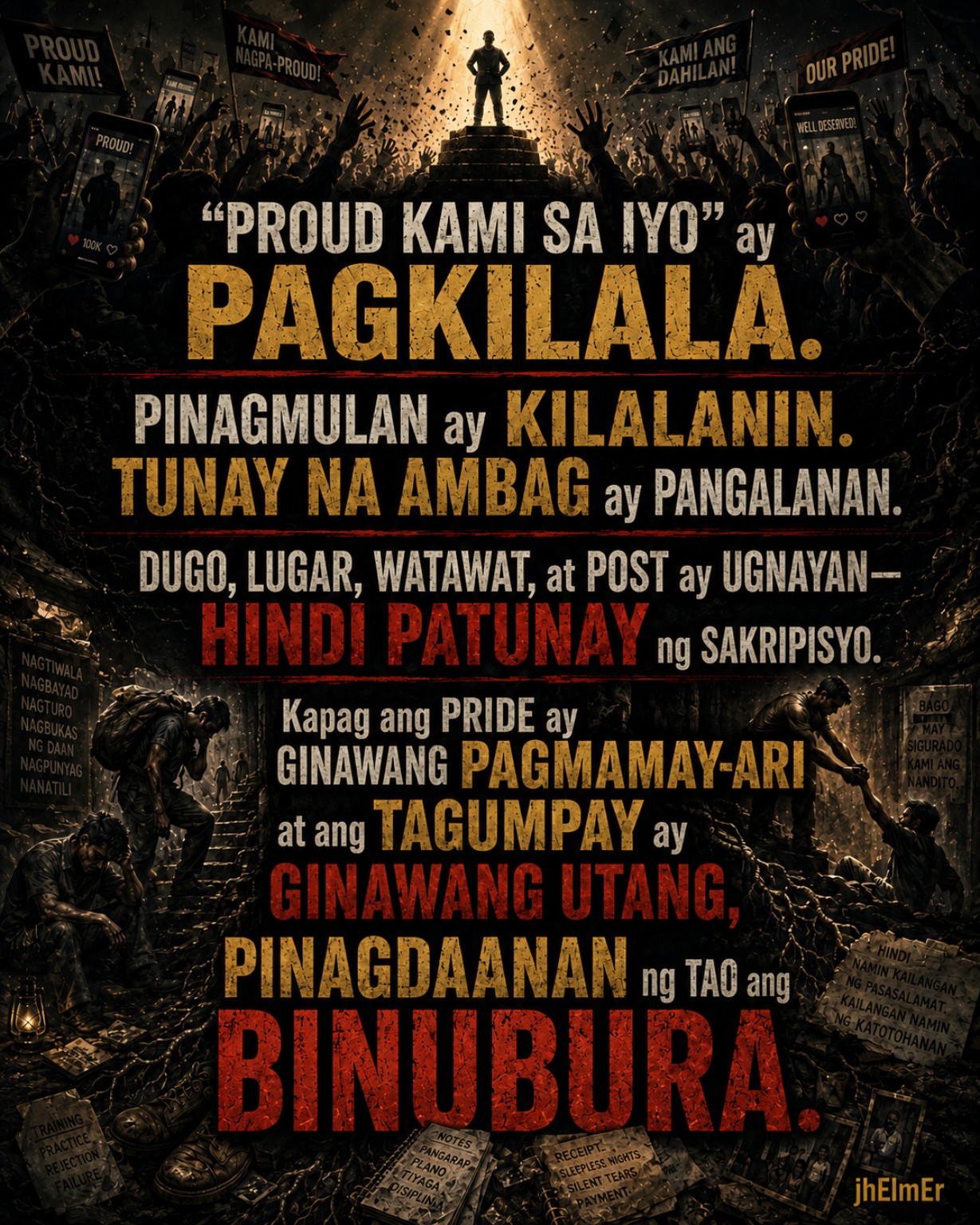 TAGUMPRIDE — Text Slogan tungkol sa pagkilala, tunay na ambag, at kung bakit ang pride, dugo, lugar, watawat, at post ay hindi awtomatikong patunay ng sakripisyo o ambag sa tagumpay.