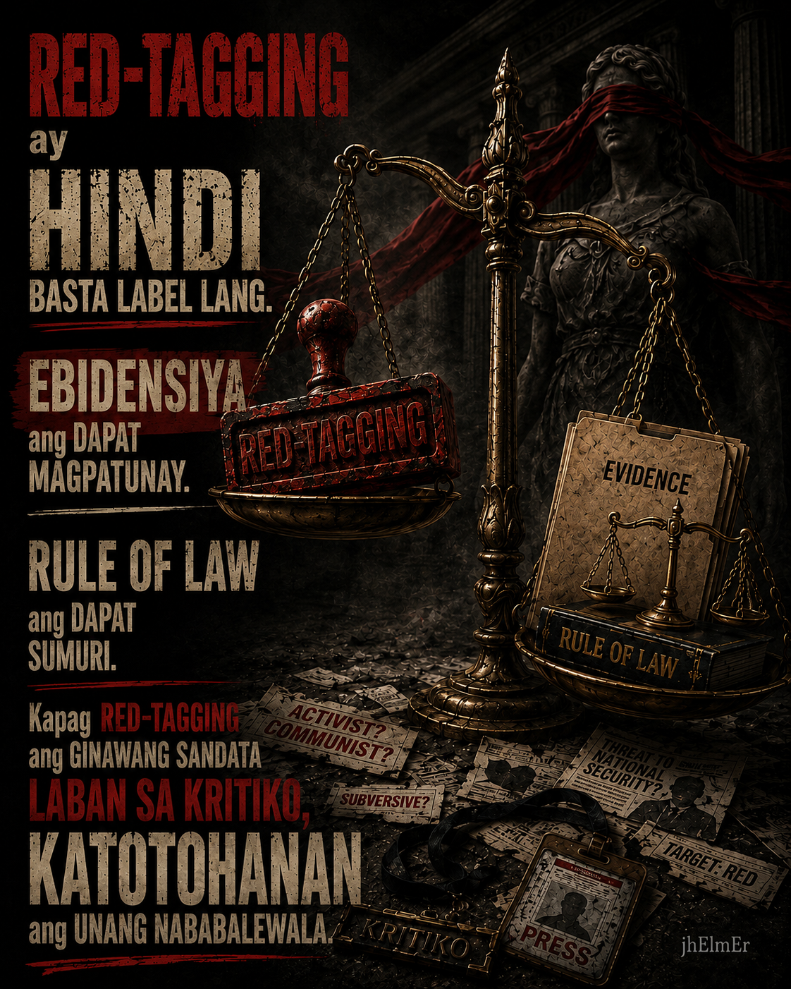 TATAK—Text Slogan tungkol sa red-tagging, ebidensiya, at rule of law.