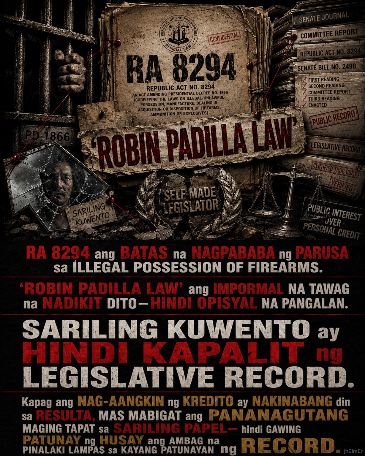 ANGKIN — Text Slogan tungkol sa pagiging tapat sa legislative record at tamang pag-angkin ng kredito sa isang batas.
