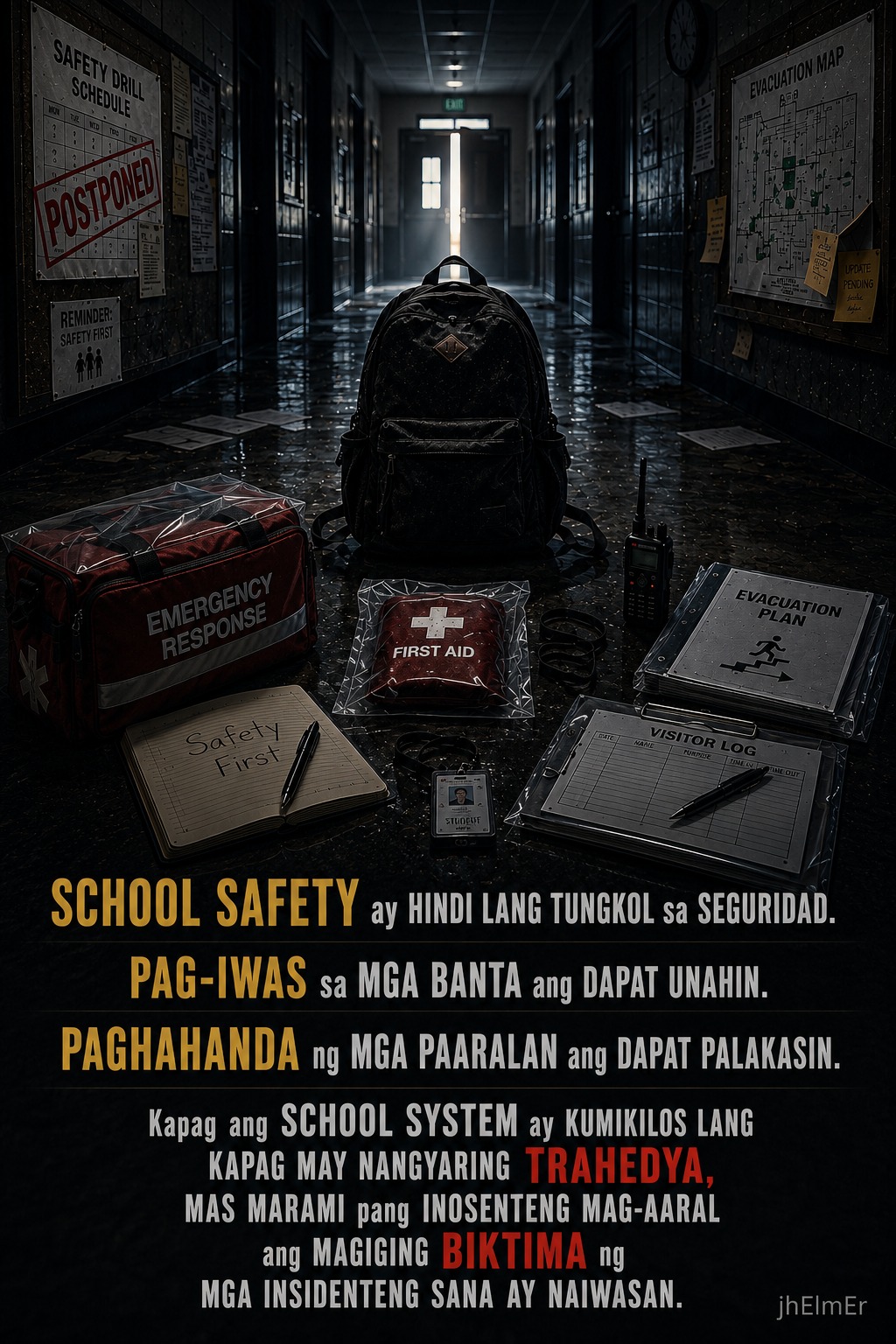 Text Slogan poster tungkol sa kahalagahan ng maagap na paghahanda at pag-iwas sa mga banta sa mga paaralan