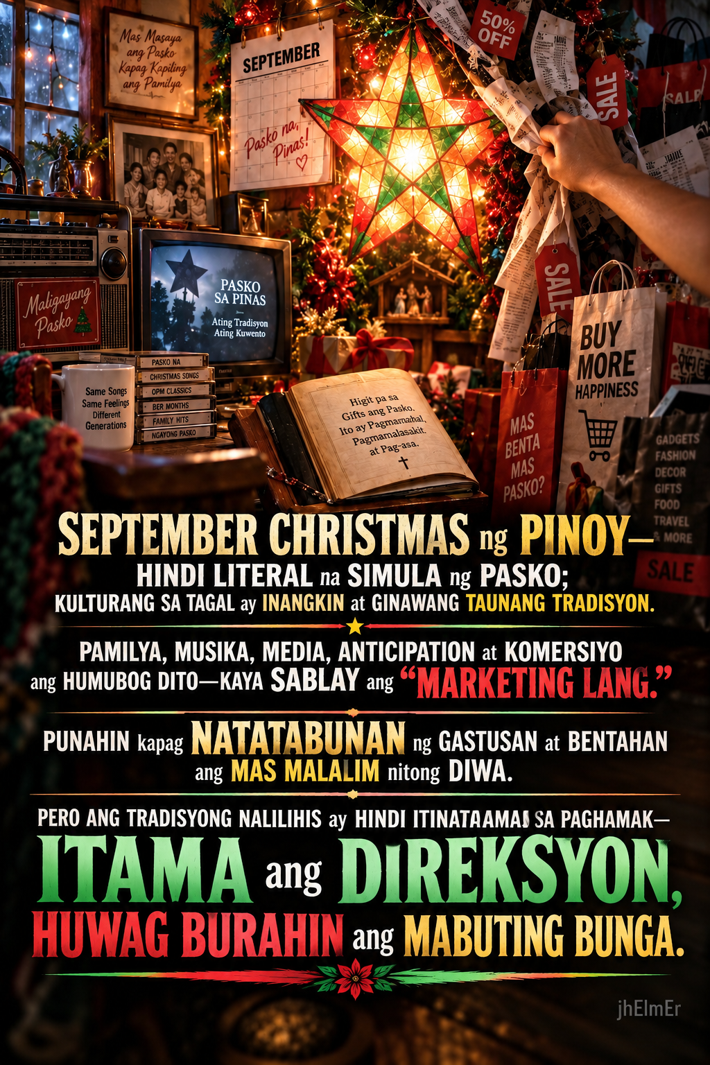 Poster ng BERMONTHS—Text Slogan tungkol sa September Christmas, kulturang Pilipino, tradisyon, komersiyo, at mas malalim na diwa ng Pasko.