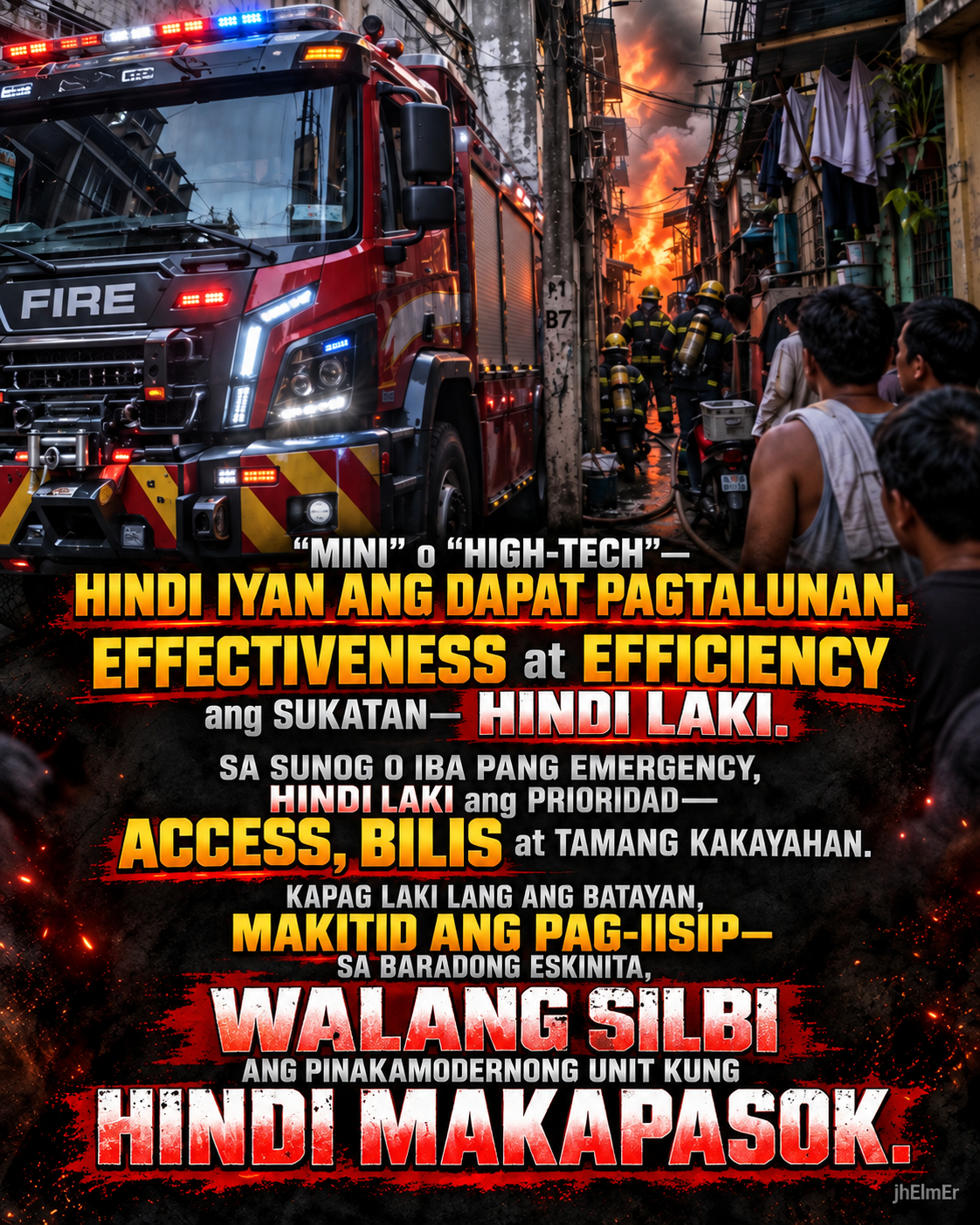 SILBI—Text Slogan tungkol sa kahalagahan ng effectiveness, efficiency, access, at tamang kakayahan sa pagresponde sa sunog at iba pang emergency.