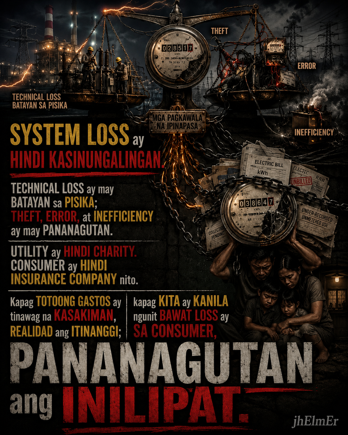 SALONG-LUGI — Text Slogan tungkol sa system loss, technical loss, pananagutan, at patas na paghahati ng tunay na gastos sa electric utility.