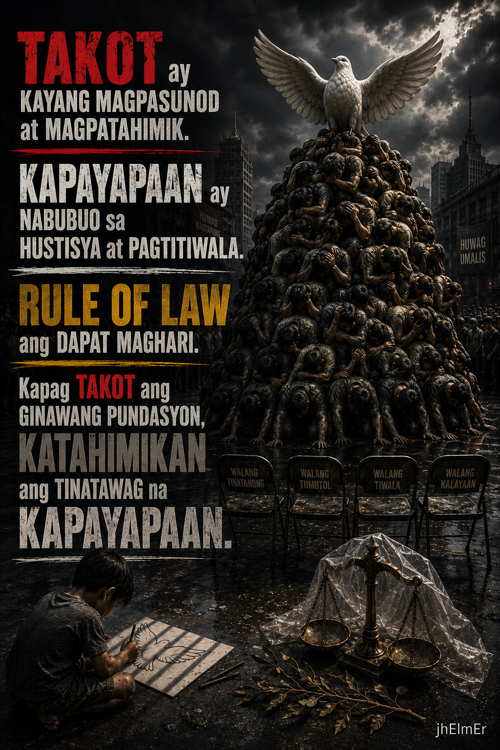 Paghahari—Text Slogan tungkol sa takot, kapayapaan, hustisya, pagtitiwala, at Rule of Law