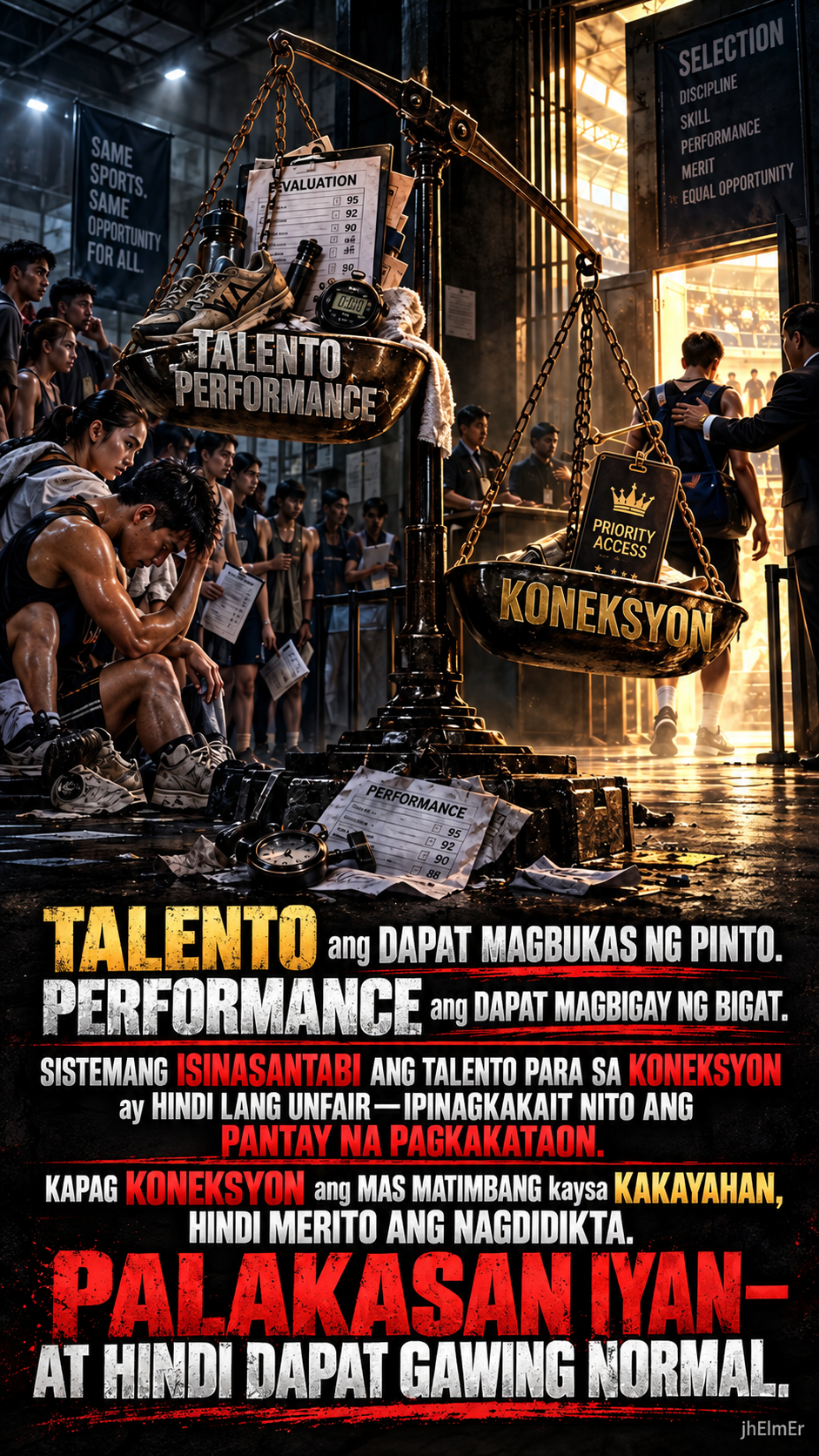 TALENKASAN—Text Slogan tungkol sa talento, performance, merito, patas na pagkakataon, at kung bakit hindi dapat koneksyon ang maging batayan ng pagpili.