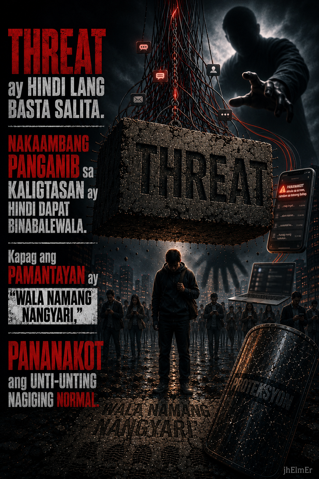 Poster tungkol sa threat, pananakot, pampublikong kaligtasan, at kung bakit hindi dapat binabalewala ang nakaambang panganib bago pa may aktuwal na mapahamak.