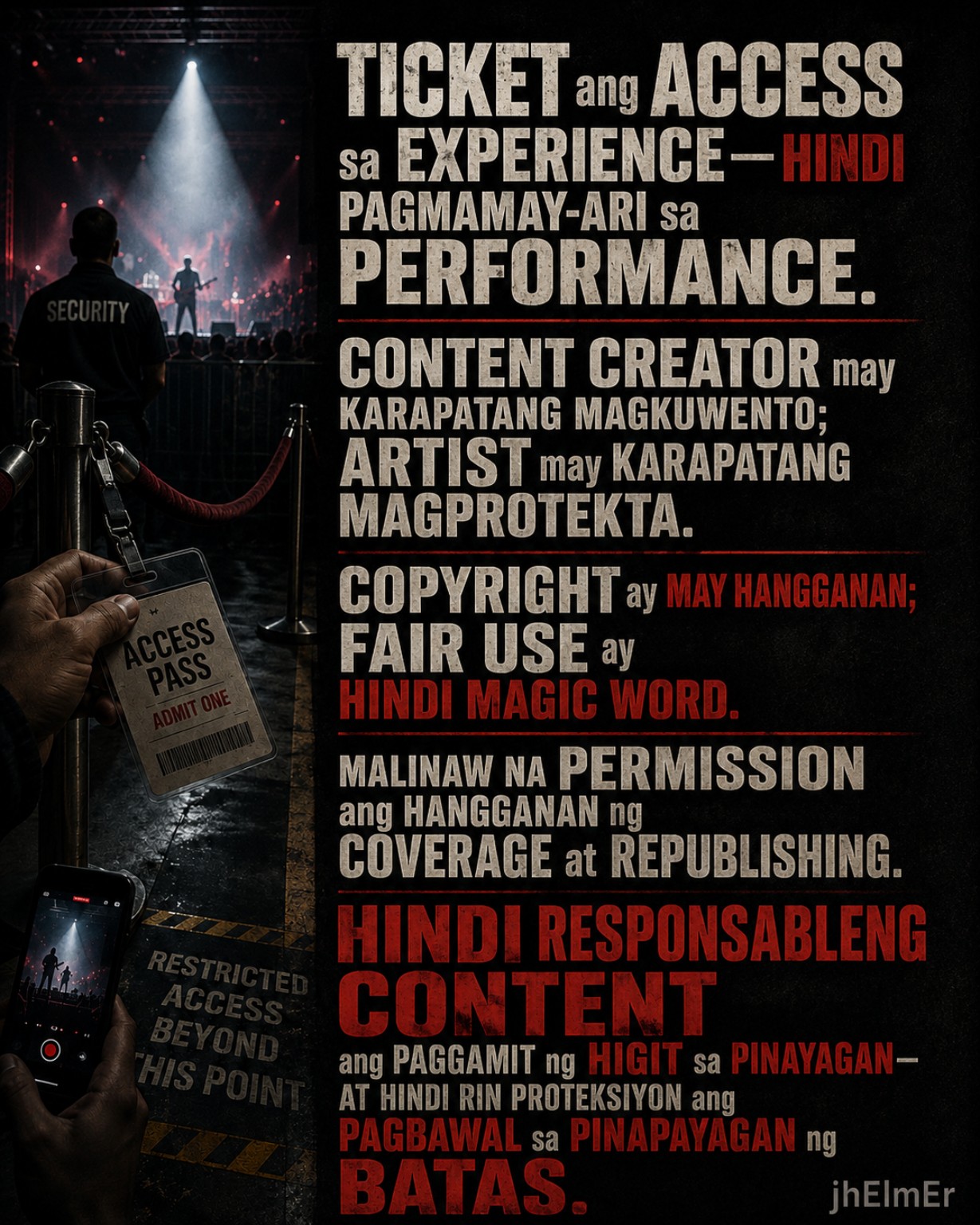 TICKET—Text Slogan tungkol sa hangganan ng ticket, copyright, fair use, malinaw na pahintulot, at responsableng paggamit ng performance.