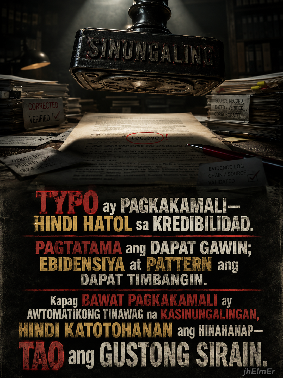TYPO—Text Slogan tungkol sa pagkakaiba ng simpleng pagkakamali, kredibilidad, ebidensiya, at pattern ng panlilinlang.