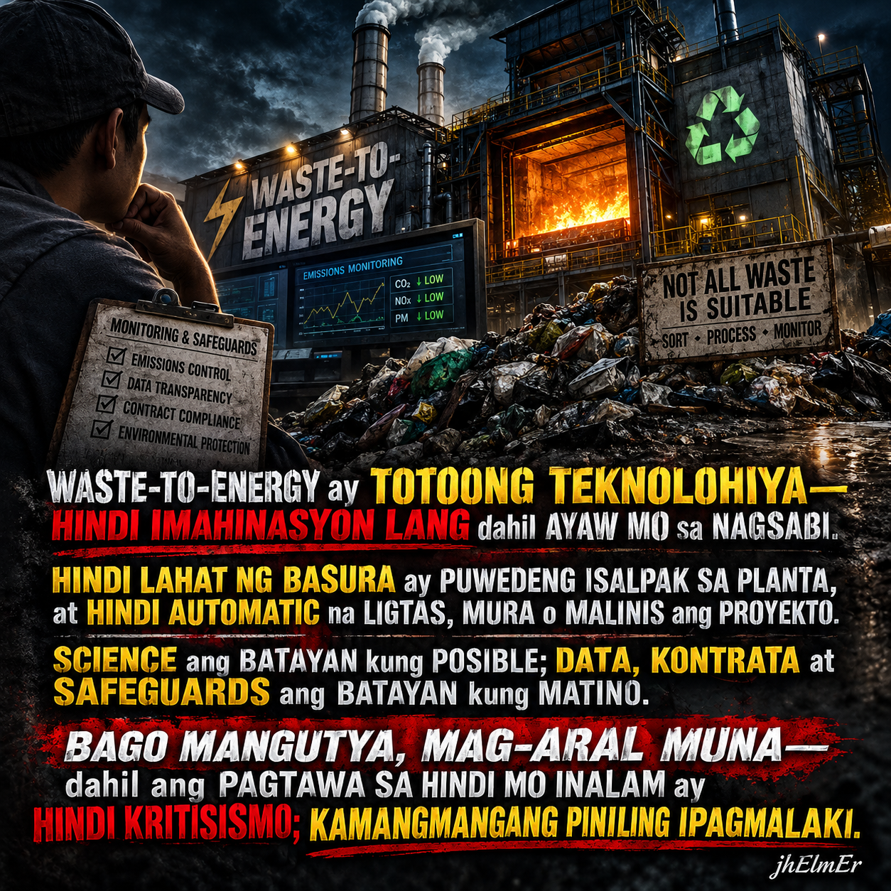 Poster ng Text Slogan na SALAIN tungkol sa waste-to-energy, science, data, kontrata at safeguards.