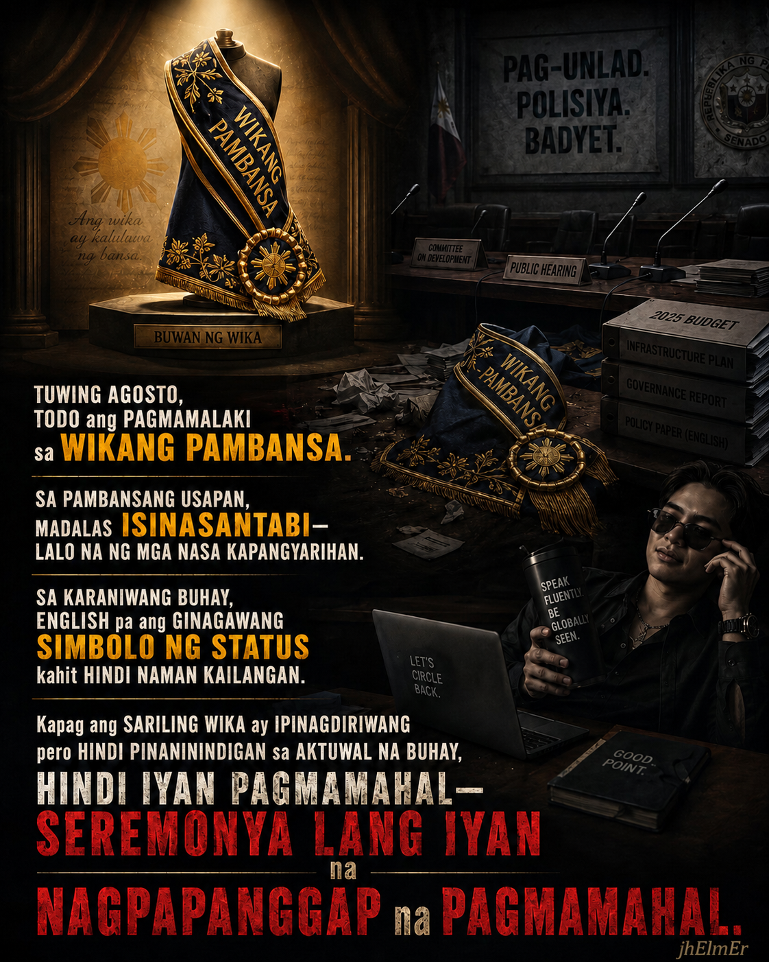 SEREMONYA—Text Slogan tungkol sa tunay na pagmamahal sa Wikang Pambansa at kung bakit hindi ito dapat manatili lamang sa seremonya kundi isabuhay sa aktuwal na buhay.
